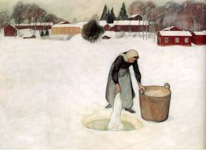 woman dipping laundry into Finnish ice hole